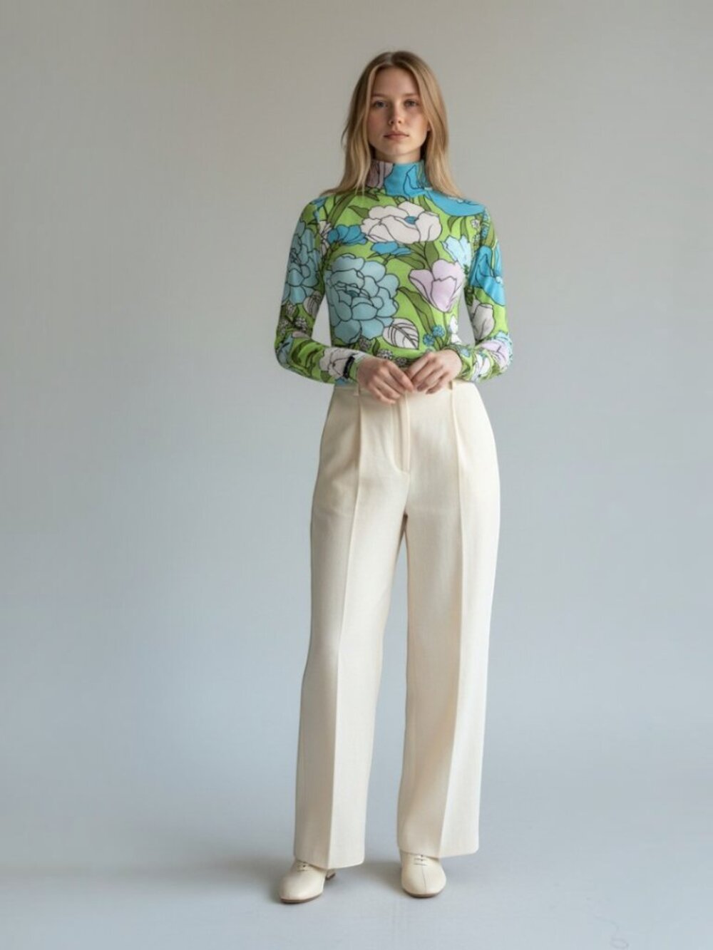 Richard Quinn Velvet Floral Turtleneck Mock Neck Top Blue Green XS/S UK 8 EUC